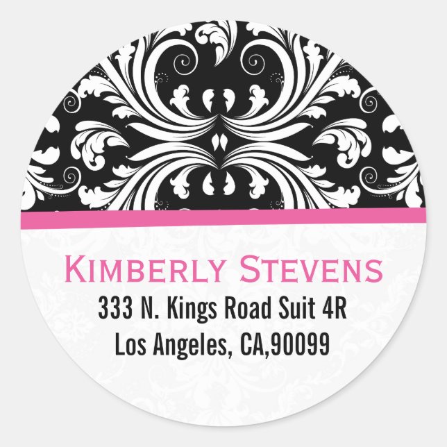 Elegant Black White & Pink Floral Damasks Classic Round Sticker (Front)