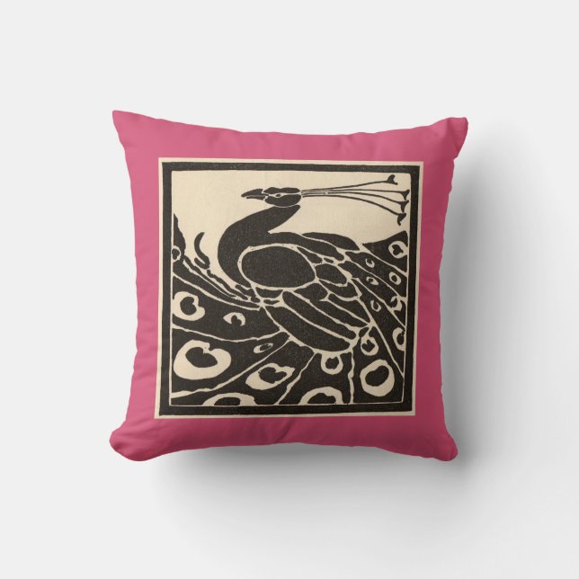 ELEGANT BLACK WHITE PINK PEACOCK CUSHION (Front)