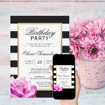 Elegant Black White Pink Rose Birthday Party Invitation<br><div class="desc">Trendy and modern editable templates invitation for Birthday party for girl/woman in white and black stripes.  Faux gold frame with pink rose on corner.  All text can be edited and changed; font,  colour and size.  Contact designer for other variations or help.</div>