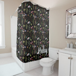 Elegant black white &pink wildflower watercolor  shower curtain