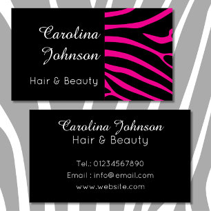 Elegant black white pink zebra hair & beauty business card