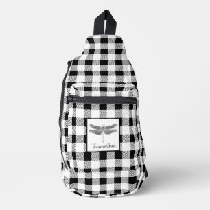 Elegant black white plaid gingham dragonfly  sling bag