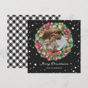 Elegant Black White Plaid Stars Photo Christmas Holiday Card