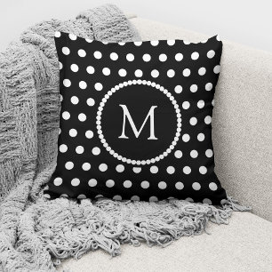 Elegant Black White Polka Dots Monogram Cushion