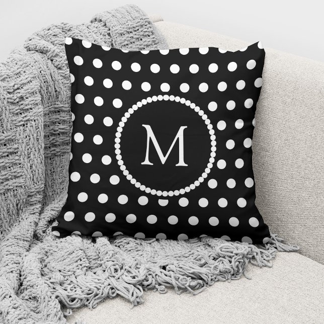 Elegant Black White Polka Dots Monogram Cushion (Creator Uploaded)