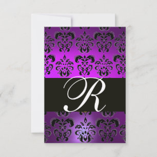 ELEGANT BLACK WHITE PURPLE DAMASK MONOGRAM RSVP CARD