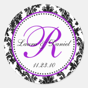 Elegant Black White Purple Damask Wedding Classic Round Sticker