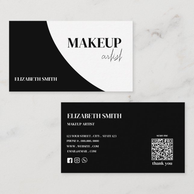 Elegant black &white QR code makeup artist  Business Card (Front/Back)