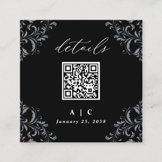 Elegant Black & White QR Code Wedding Details Enclosure Card (Front)