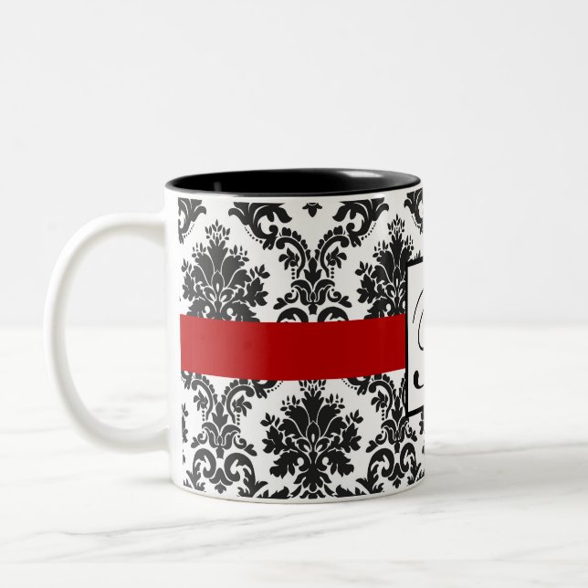 Elegant Black White Red Damask Monogram Two-Tone Coffee Mug (Left)