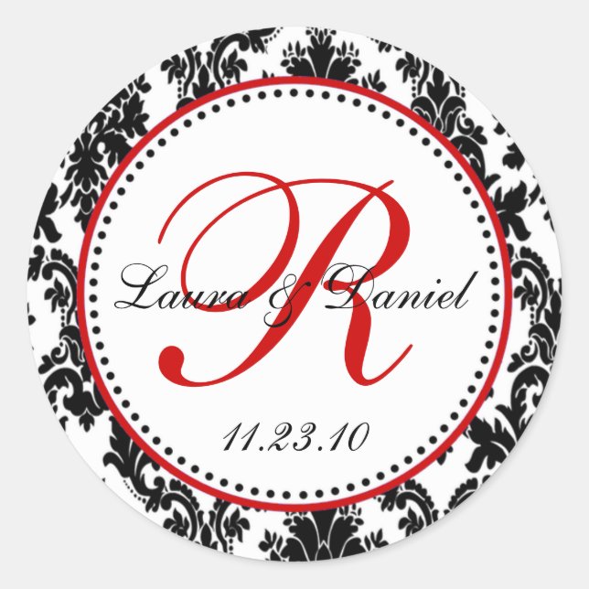 Elegant Black White Red Damask Wedding Classic Round Sticker (Front)
