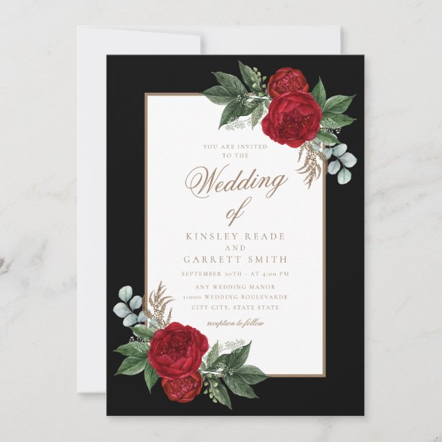 Elegant Black & White Red Floral Gold Calligraphy Invitation (Front)