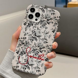 Elegant Black White Red French Toile Monogram iPhone 16 Case