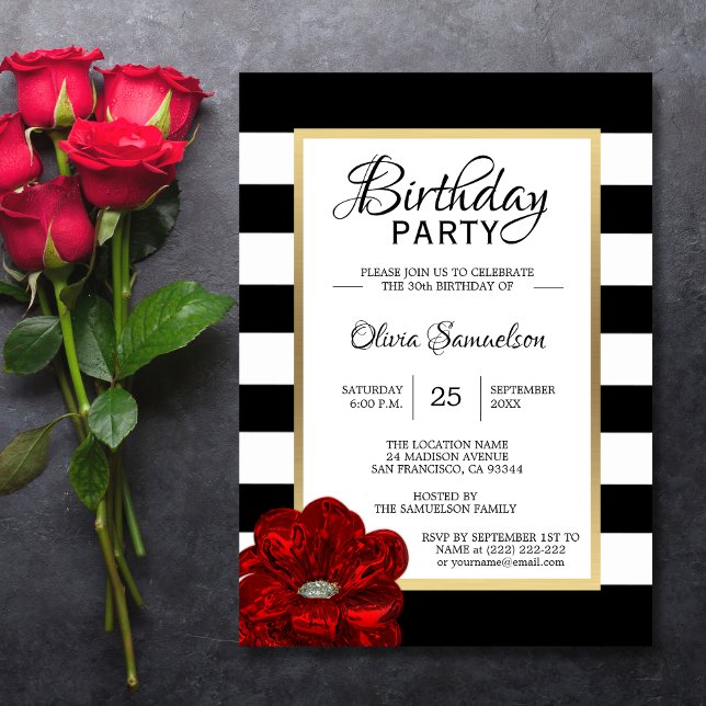 Elegant Black White Red Rose Birthday Party Invitation (Creator Uploaded)