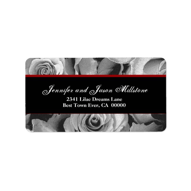 Elegant BLACK WHITE RED Roses Wedding Label (Front)