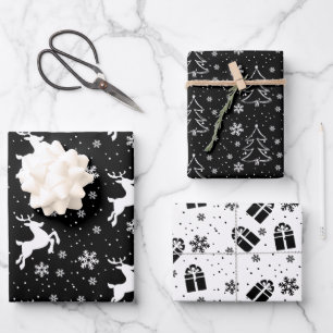 Elegant Black White Reindeer & Christmas Tree Wrapping Paper Sheet