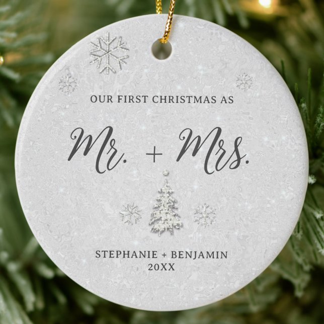 Elegant Black White Rhinestone Our First Christmas Ceramic Ornament (our first christmas mr mrs winter wonderland black white newlywed couple photo ornament elegant chic)