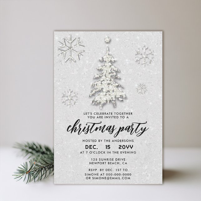 Elegant Black White Rhinestones Winter Christmas Invitation (christmas party invitation elegant snowflakes tree sparkles minimalist modern red white black)