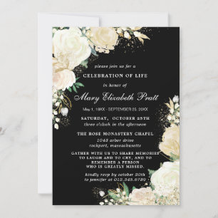 Elegant Black White Rose Floral Funeral Invitation