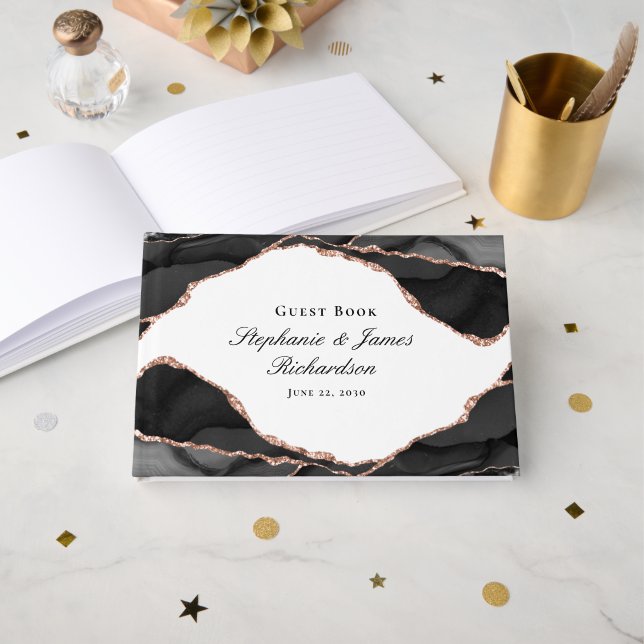 Elegant Black White Rose Gold Foil Agate Wedding Guest Book (Front Open)