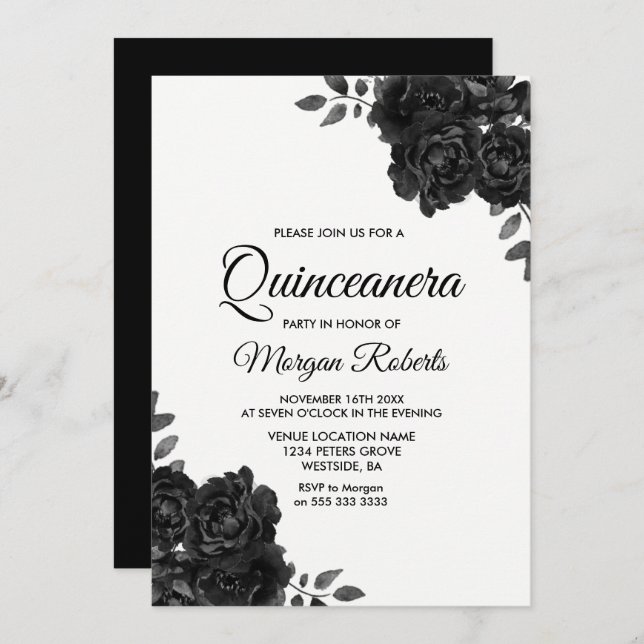Elegant Black & White Rose Quinceanera Invitations (Front/Back)