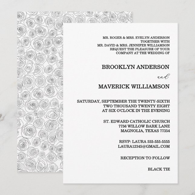 Elegant Black & White Rose Wedding Invitation (Front/Back)