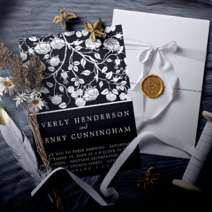 Elegant Black & White Roses Floral Wedding Invitation