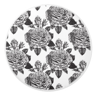 Elegant Black White Roses Flower Lover Floral Ceramic Knob
