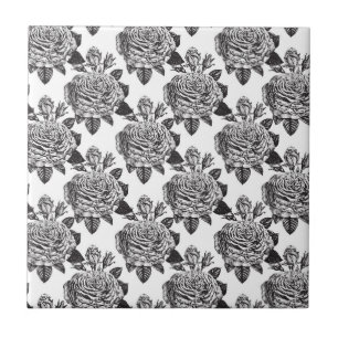 Elegant Black White Roses Flower Lover Floral Ceramic Tile