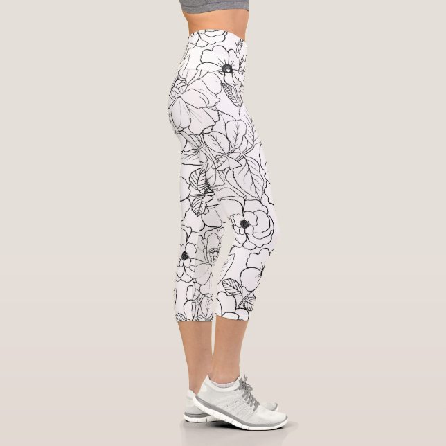 Elegant Black White Roses Line art Floral Capri Leggings (Right)