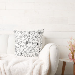 Elegant Black White Roses Line art Floral Cushion