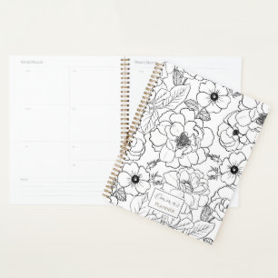 Elegant Black White Roses Line art Floral Planner