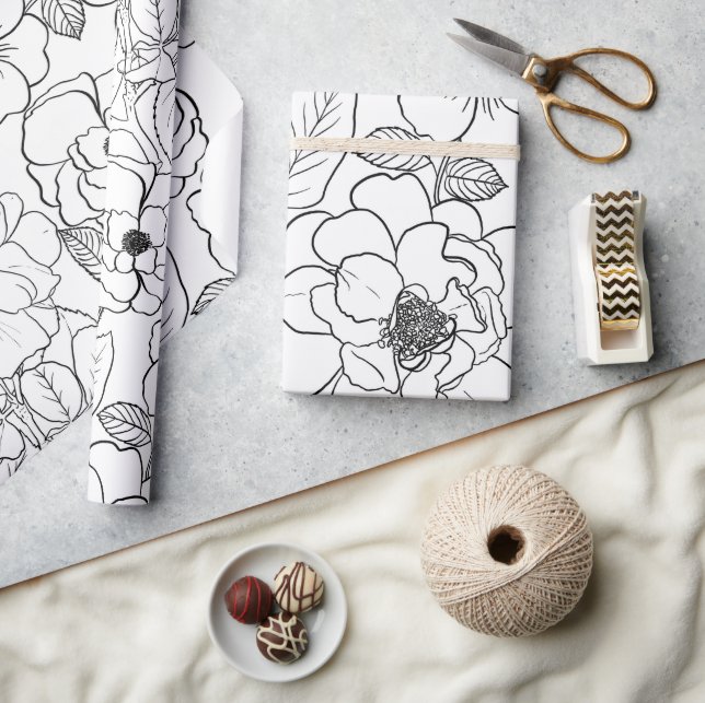 Elegant Black White Roses Line art Floral Wrapping Paper (Crafts)