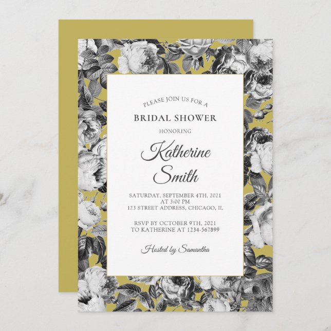 Elegant Black White Roses on Gold Bridal Shower Invitation (Front/Back)