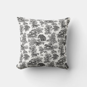 Elegant Black White Rustic Horses Toile Cushion