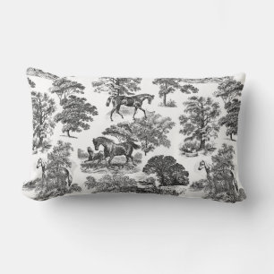Elegant Black White Rustic Horses Toile Lumbar Cushion