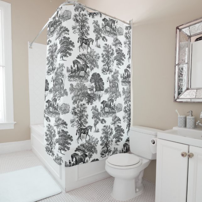 Elegant Black White Rustic Horses Toile Shower Curtain (In Situ)