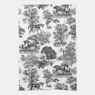 Elegant Black White Rustic Horses Toile Tea Towel