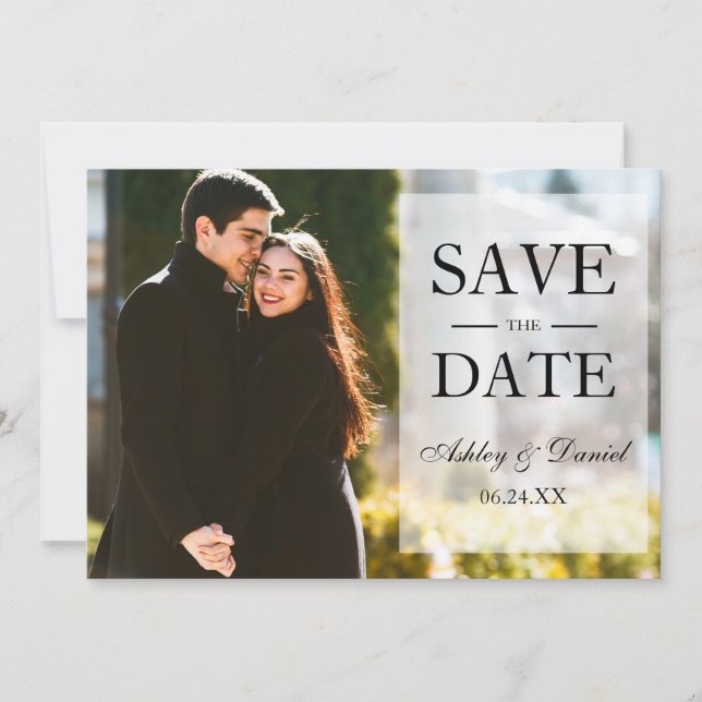 Elegant Black & White Save The Date Overlay Photo (Front)