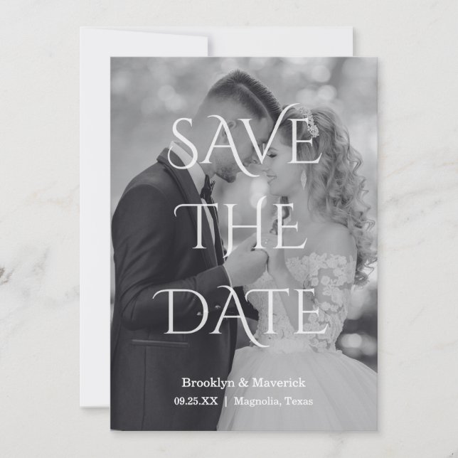 Elegant Black & White Save The Date Photo (Front)