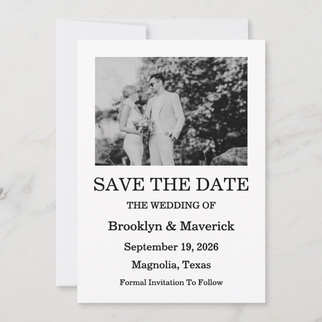 Elegant Black & White Save The Date Photo Card (Front)
