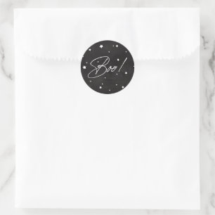 Elegant Black+White Scattered Stars Boo! Halloween Classic Round Sticker