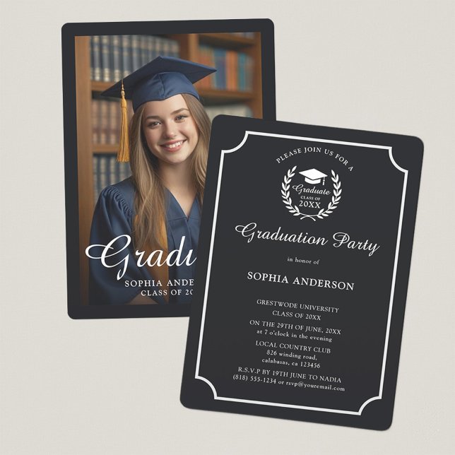 Elegant Black & White School Emblem Grad Photo Invitation (Creator Uploaded)