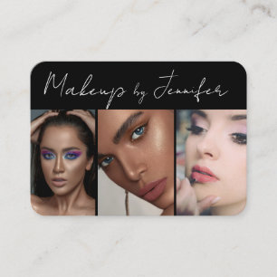 Elegant Black White Script 3 Photo Makeup Business Card