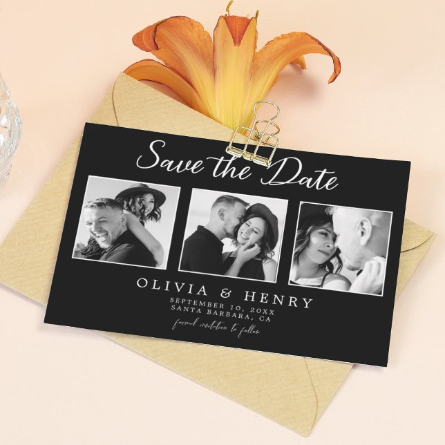 Elegant Black & White Script 3 Photo Wedding  Save The Date (Creator Uploaded)