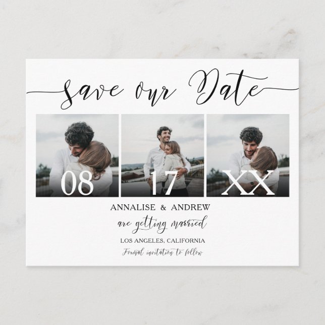 Elegant black white script 3 photos save the date postcard (Front)