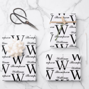 Elegant Black & White Script Calligraphy Monogram Wrapping Paper Sheet