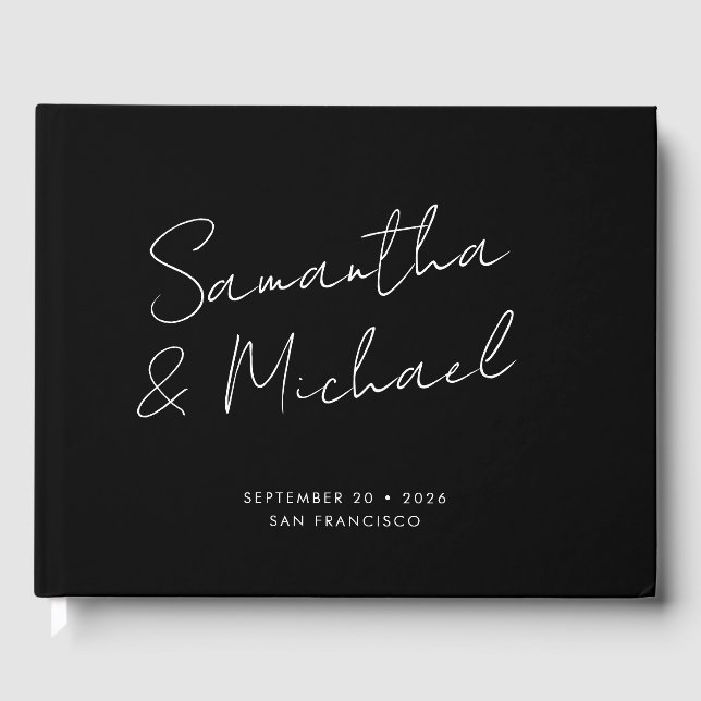 Elegant Black White Script Calligraphy Wedding Guest Book (Front)