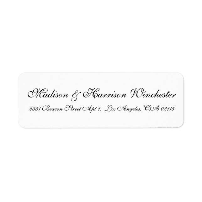Elegant black white script calligraphy wedding  return address label (Front)
