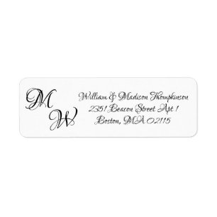Elegant black white script custom initials wedding return address label